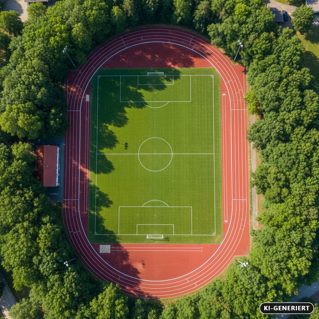 KI-generiert: Luftaufnahme eines Fußballplatzes mit roter Laufbahn, der von einem dichten Wald umgeben ist.