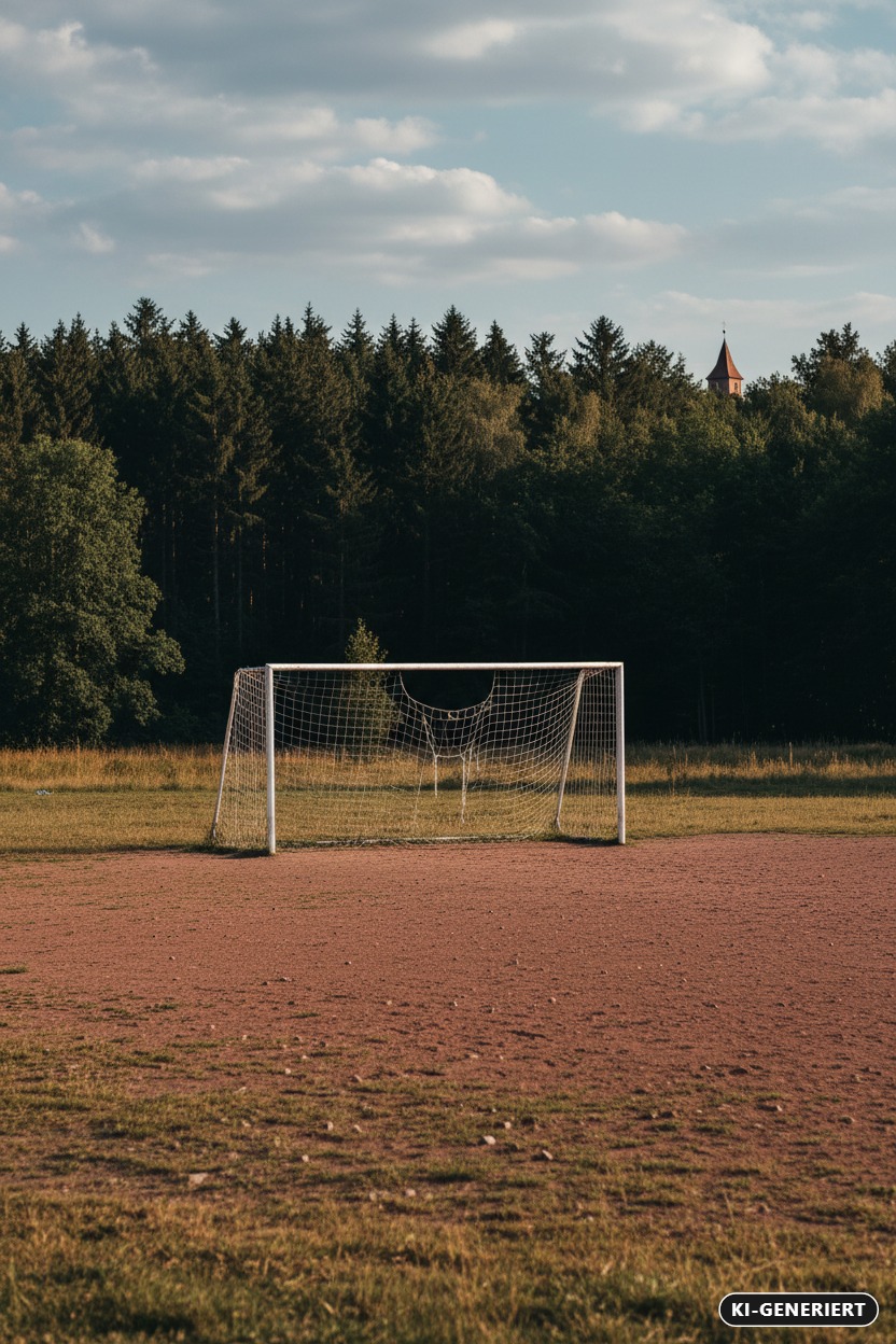KI-generiert: Ein Fußballtor steht auf einem roten Ascheplatz vor einem Waldrand mit einem Kirchturm im Hintergrund.