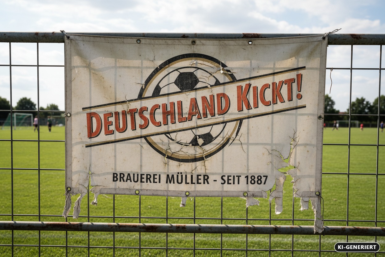 KI-generiert: Ein zerschlissenes Werbebanner mit der Aufschrift „Deutschland kickt!“ und „Brauerei Müller - seit 1887“ hängt an einem Metallzaun vor einem Fußballplatz.